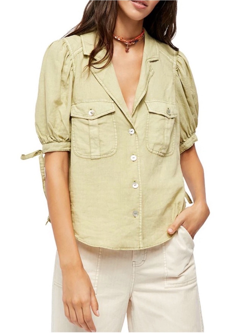 FREE PEOPLE ELBOW SLEEVE SAFARI BABE TOP